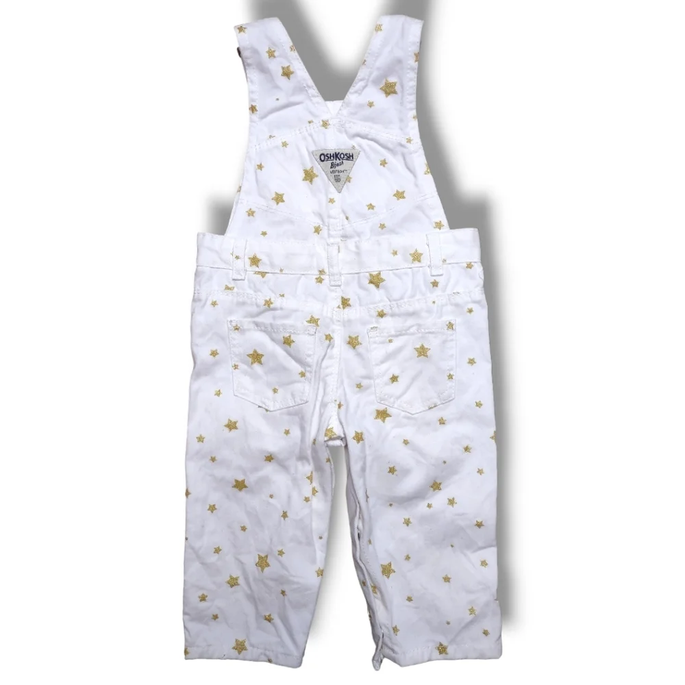 OshKosh B'Gosh Gold Sparkle Stars White Bib Overalls Girls Size 9 Months 9M